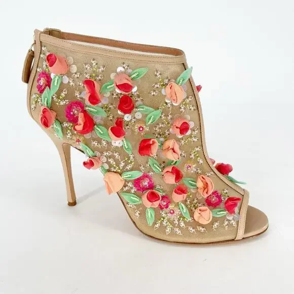 Manolo Blahnik Clizia Tan Mesh Bootie with Sequin and Floral Appliqué IT 40.5 - Picture 3 of 14